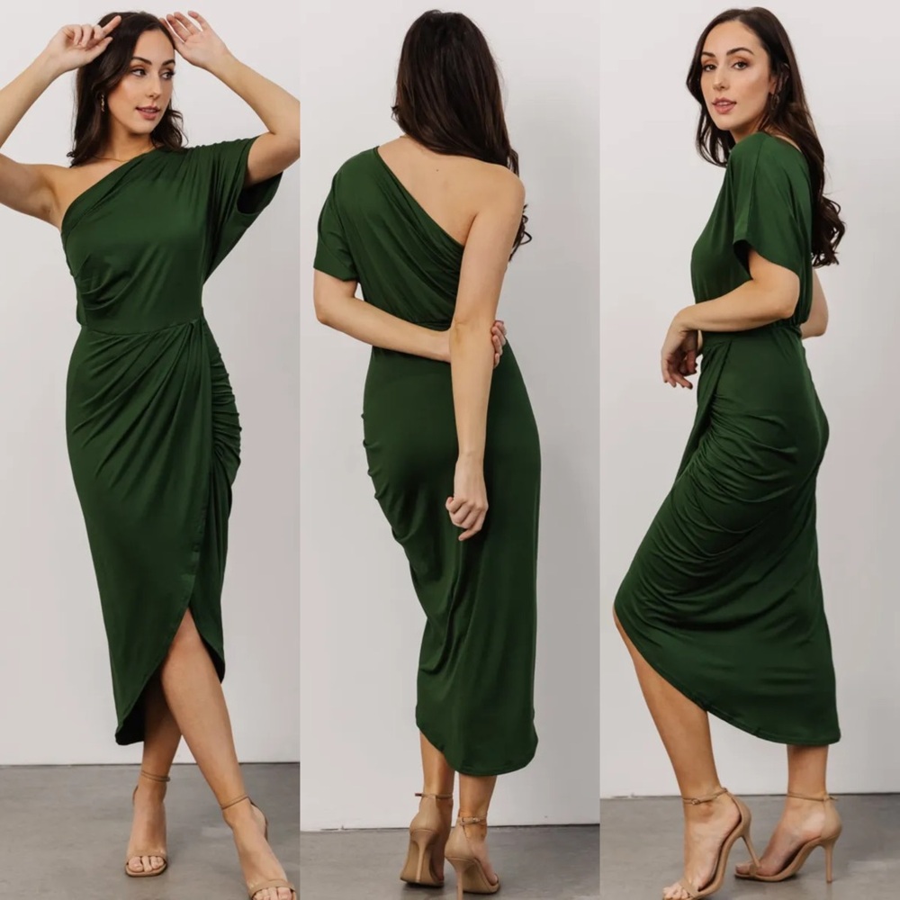 NWT BALTIC BORN Addison Midi Dress - Green - One Shoulder Ruched - Large